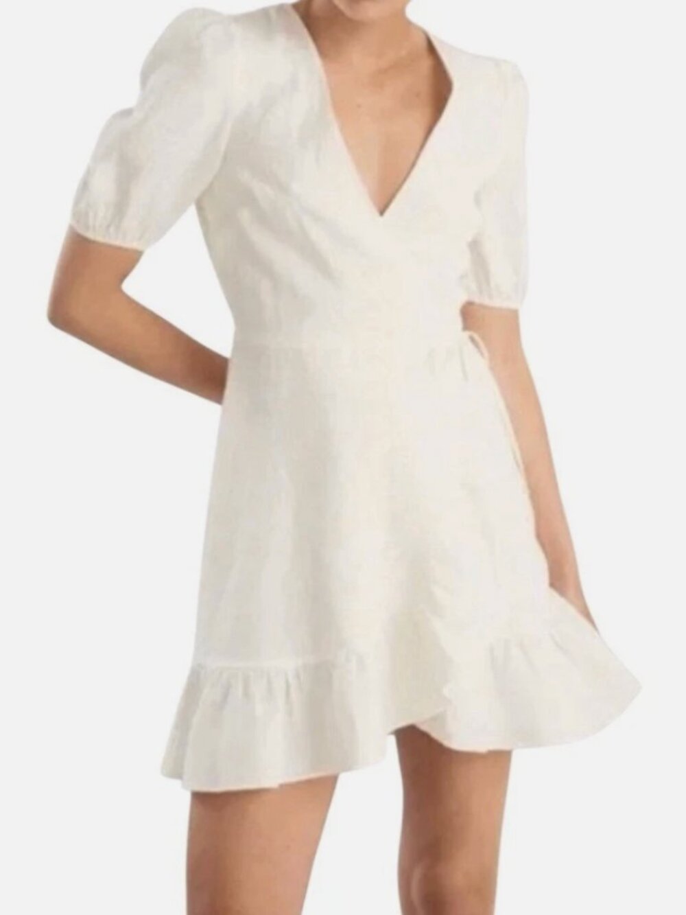 & Other Stories Women's Ivory Puff Sleeve 100% Linen Wrap Mini Dress